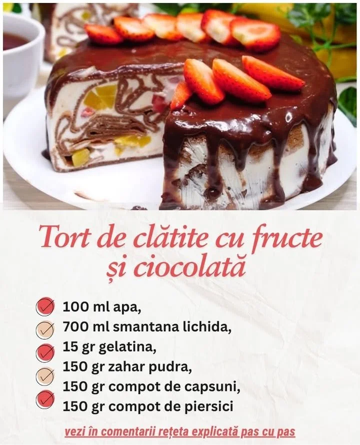 Tort de clătite cu fructe și ciocolată Tort de clătite cu fructe și ciocolată, un desert delicios și atrăgător.