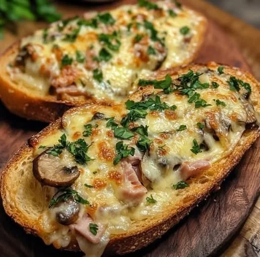 Baguette toast topped with mushrooms, ham, and melted cheese, served on a plate