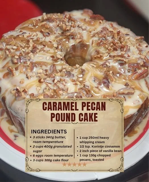 Buttered Pecan Pound Cake with Vanilla and Caramel Glaze on a serving plate.
