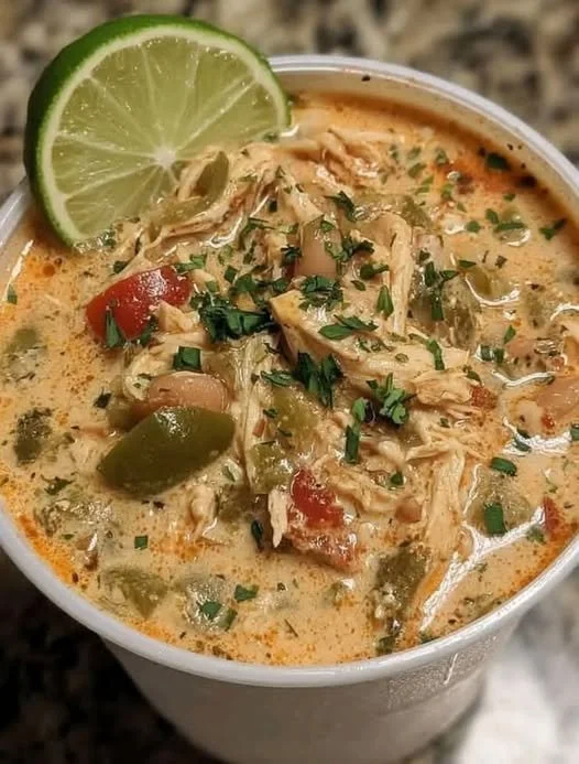 Bowl of Cajun White Chicken Chili topped with fresh herbs and spices.
