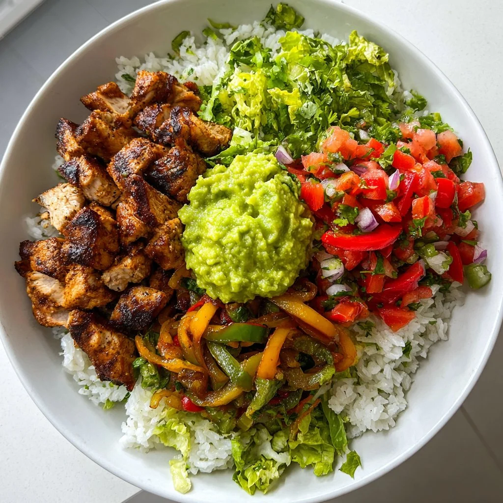 Chicken Fajita Rice Bowl with Guacamole and Fresh Salsa Chicken Fajita Rice Bowl with guacamole and fresh salsa on a plate.