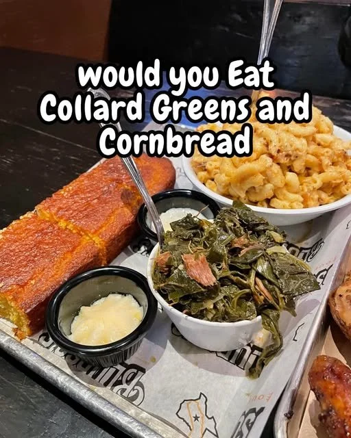 Collard Greens and Cornbread Plate of collard greens served with fresh cornbread, highlighting Southern cuisine.
