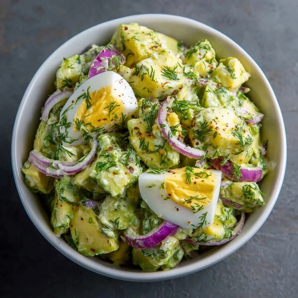 Creamy avocado egg salad served in a bowl with fresh ingredients.