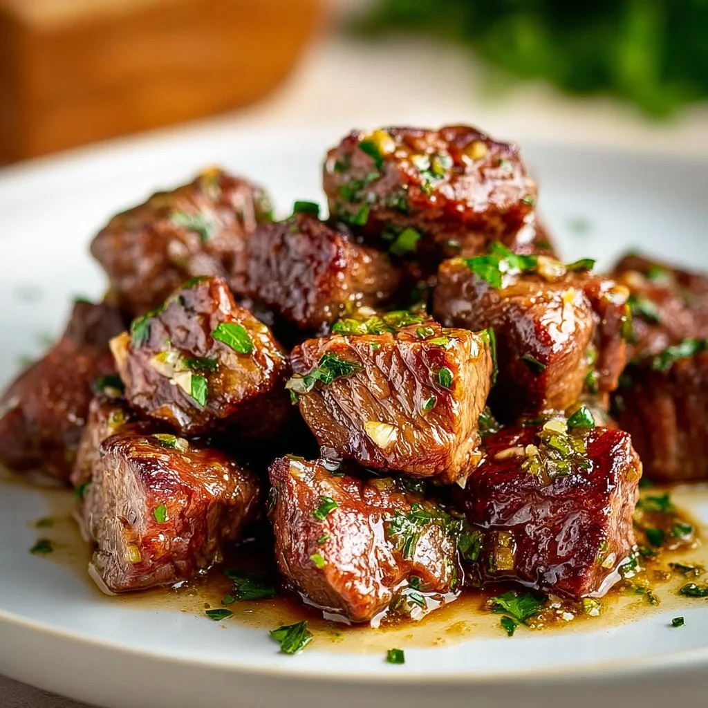 Garlic Butter Steak Bites with Parsley Garlic Butter Steak Bites garnished with fresh parsley