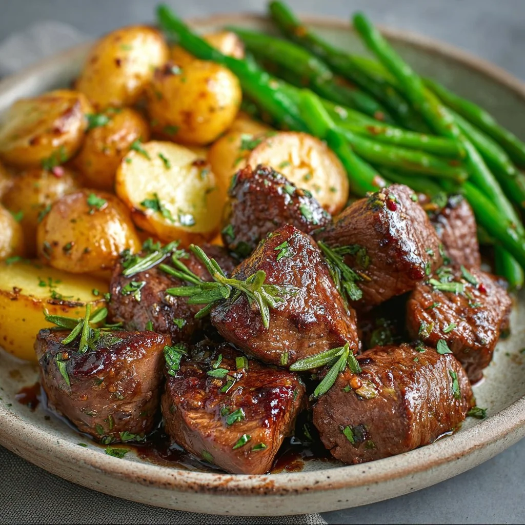 Garlic Butter Steak Bites served with roasted potatoes and green beans