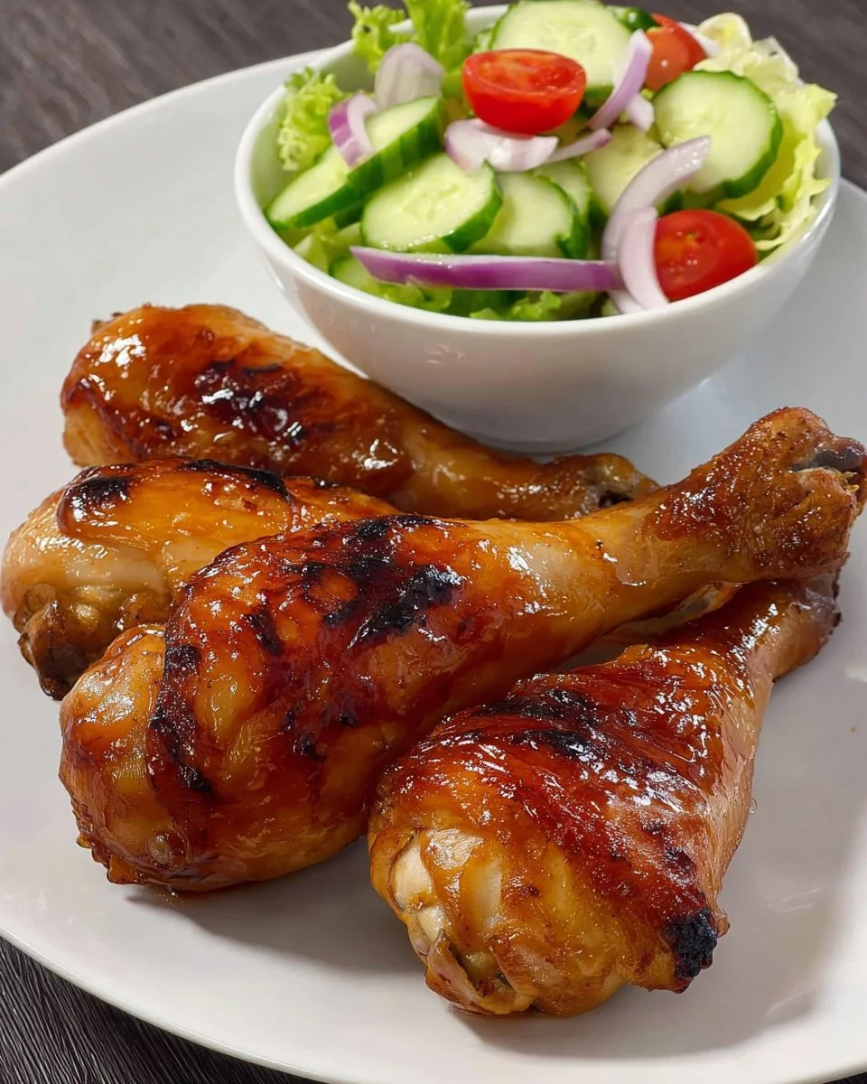 Honey garlic baked chicken drumsticks served with fresh cucumber salad