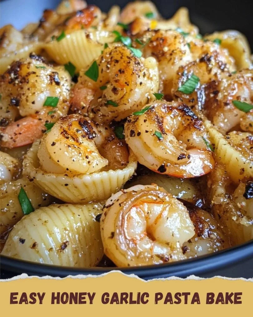 Honey Garlic Shrimp Pasta Shells Bake dish topped with herbs