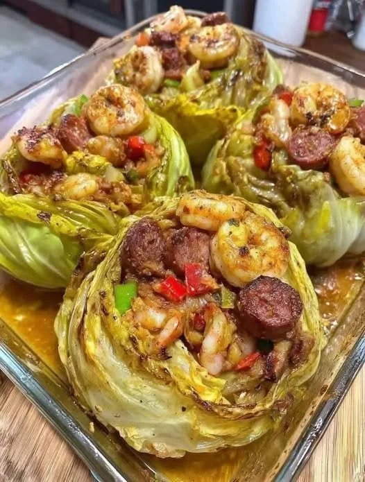 Keto Cajun Shrimp & Sausage Stuffed Cabbage Keto Cajun Shrimp and Sausage Stuffed Cabbage served on a plate