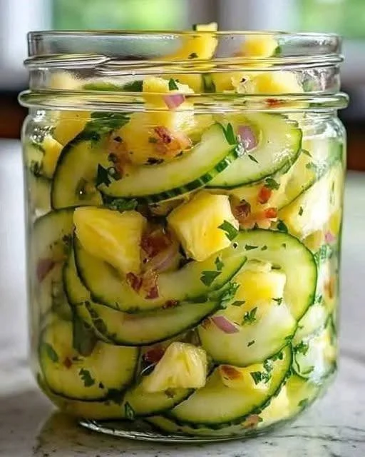 A vibrant Pineapple Cucumber Salad with fresh ingredients and a tropical flair