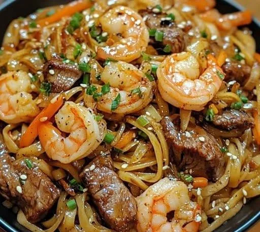 Sizzling Steak and Shrimp Stir-Fried Noodles with a Sweet and Savory Sauce Sizzling steak and shrimp stir-fried noodles in a sweet and savory sauce