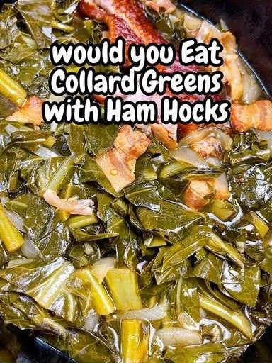 Slow cooker collard greens with ham hocks dish ready to serve.