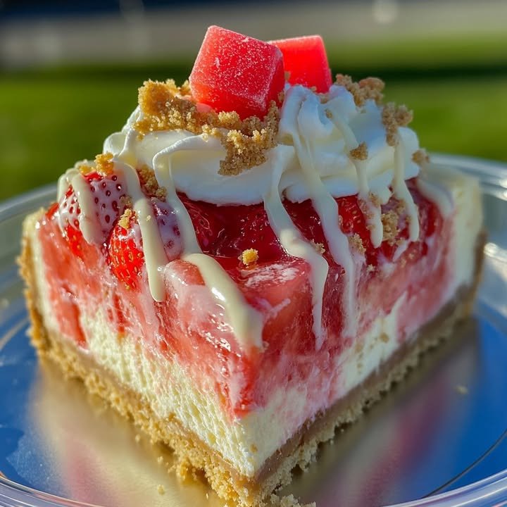 White Chocolate Drizzled Strawberry Crunch Cheesecake