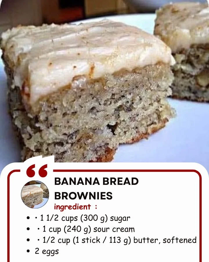 Banana Bread Brownies Delicious homemade banana bread brownies on a rustic wooden table