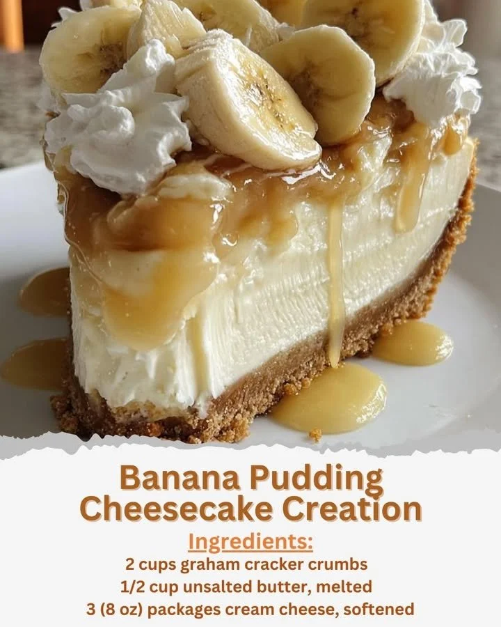 Banana Pudding Cheesecake Creation Delicious banana pudding cheesecake topped with whipped cream and bananas.