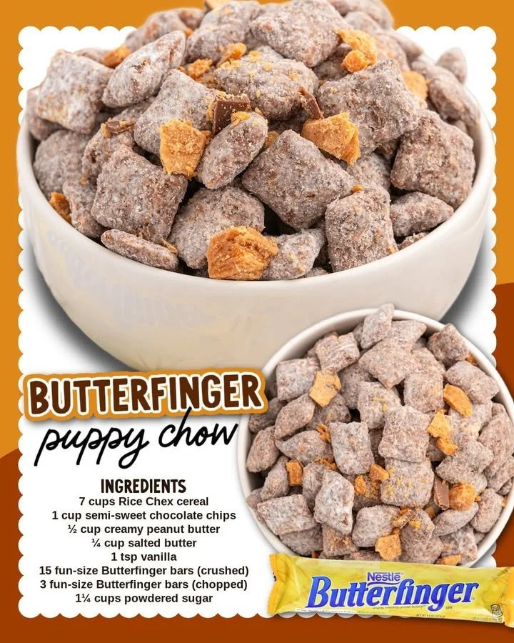 Butterfinger Puppy Chow Bowl of Butterfinger Puppy Chow with chocolate and peanut butter snacks