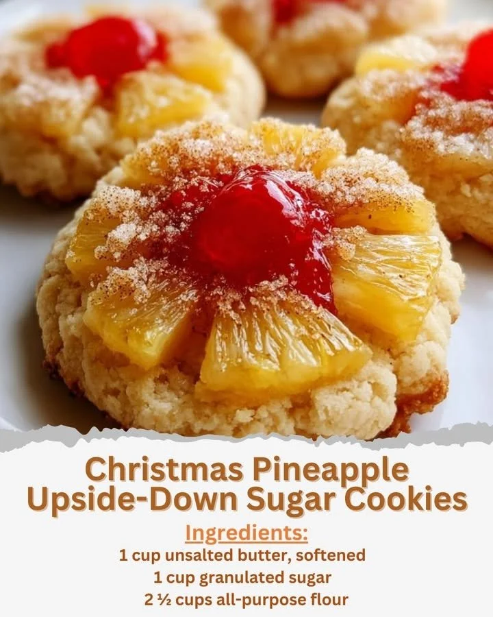Delicious Christmas Pineapple Upside-Down Sugar Cookies on a festive plate.
