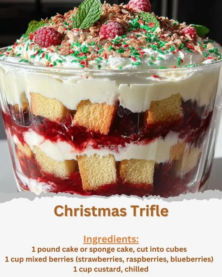 Christmas Trifle Layers of delicious Christmas Trifle with fruits, cream, and cake in a glass dish
