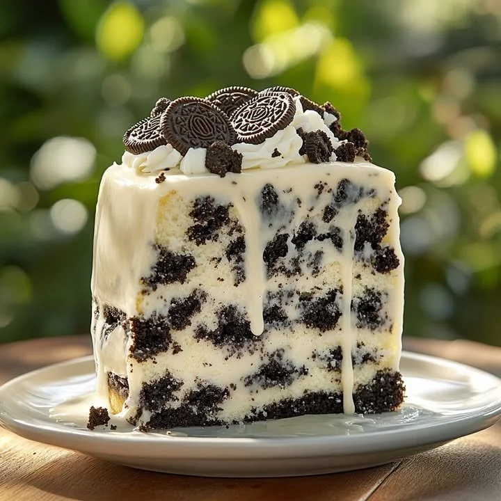 Cookies and Cream Oreo Cake Layers of Cookies and Cream Oreo Cake topped with chocolate frosting and Oreo crumbs