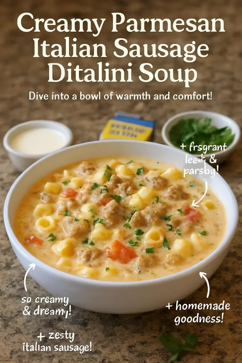 Creamy Parmesan Italian Sausage Ditalini Soup Bowl of creamy Parmesan sausage soup with ditalini pasta and vegetables