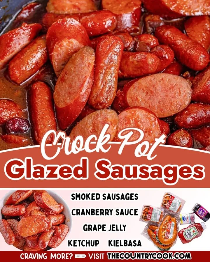 Crock Pot Glazed Sausages Crock pot glazed sausages with a shiny glaze and garnished in a serving dish.