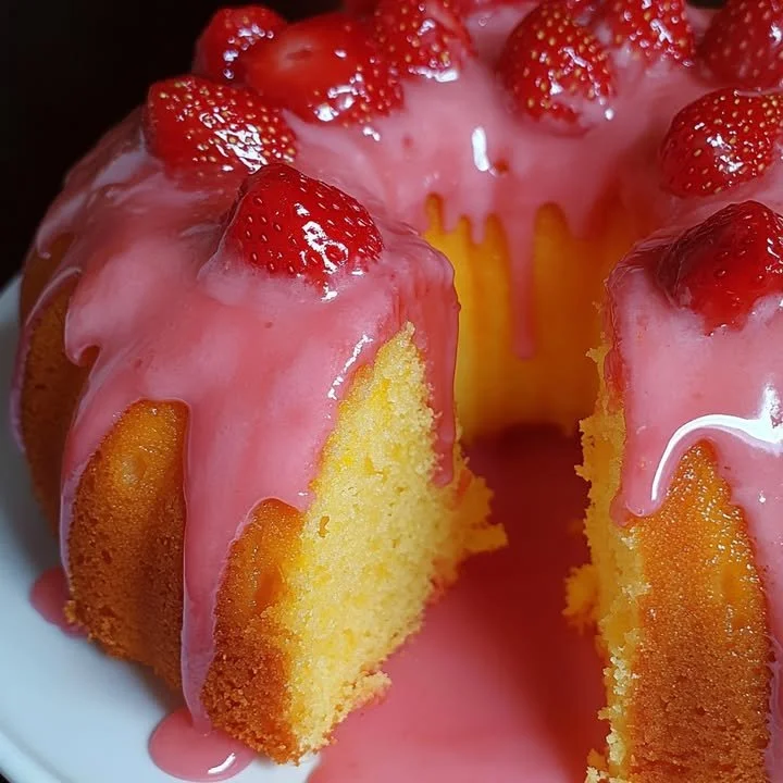 Lemon cake with strawberry icing and glaze ready to serve