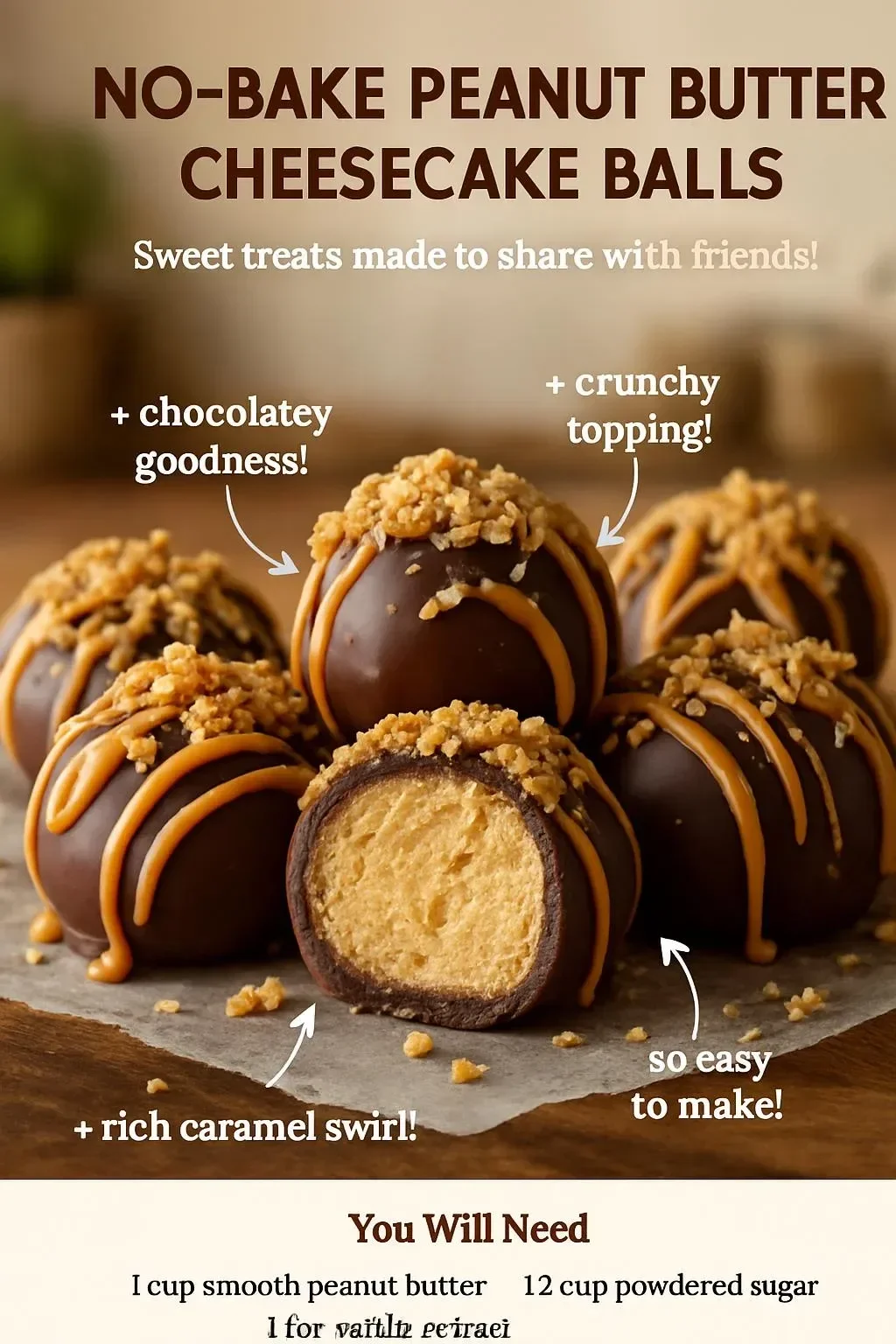 Delicious no-bake peanut butter cheesecake balls topped with chocolate drizzle