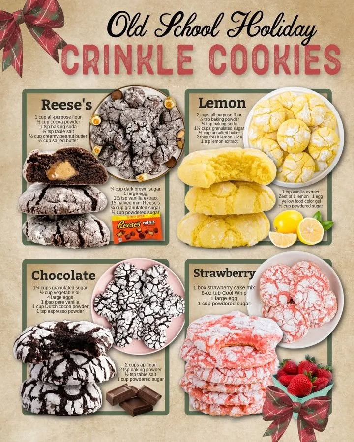 Old school holiday crinkle cookies dusted with powdered sugar for a festive touch
