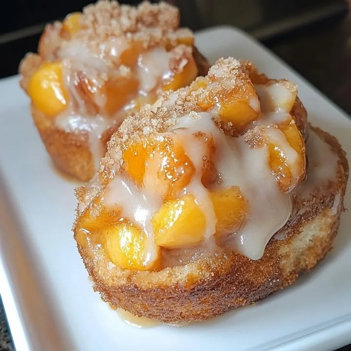 Delicious peach cobbler cinnabites with warm, gooey peach filling
