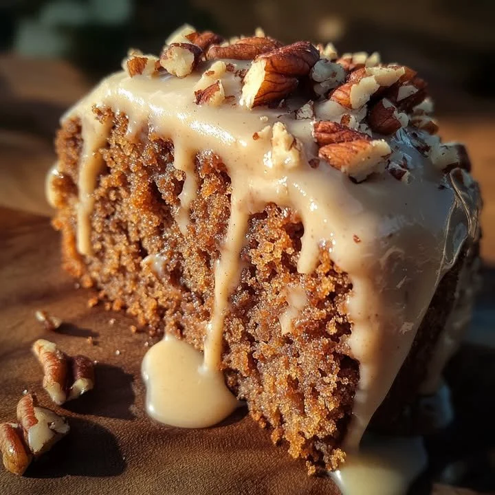 Pecan cake topped with cinnamon cream icing, showcasing a delicious dessert option.