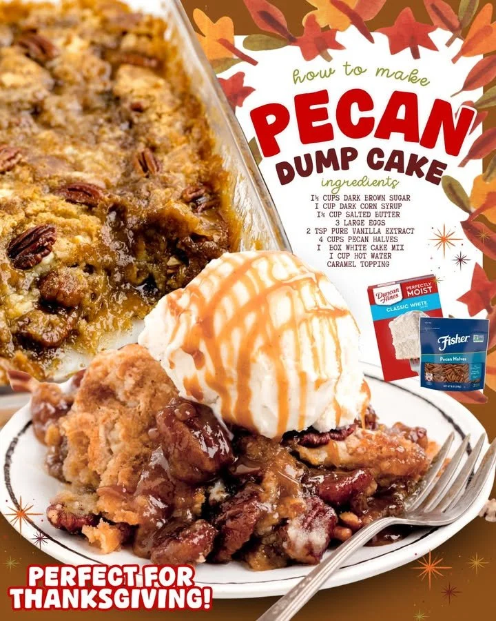 Pecan Dump Cake Delicious Pecan Dump Cake ready to serve, topped with pecans and a golden crust.