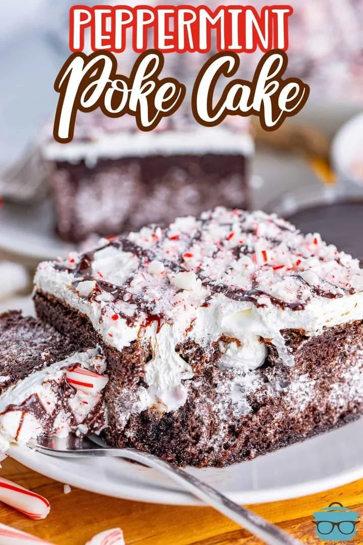 Delicious Peppermint Poke Cake topped with whipped cream and mint sprinkles