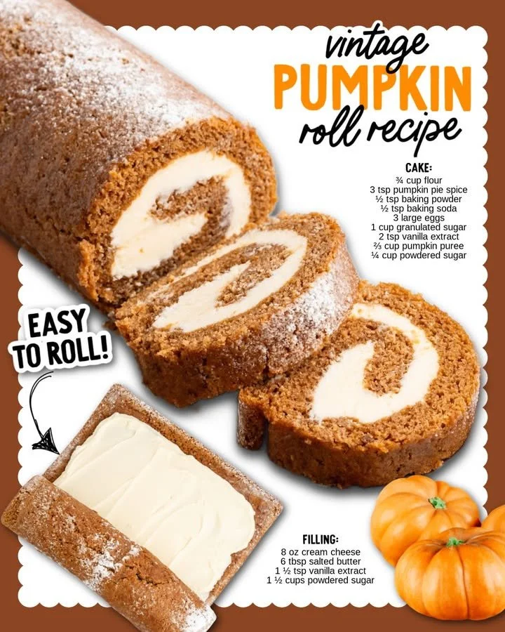 Pumpkin Roll Recipe Delicious homemade Pumpkin Roll with cream cheese filling on a table.