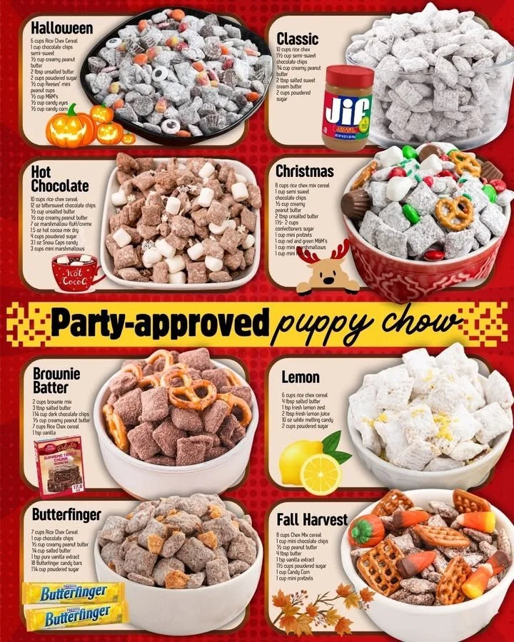 Puppy Chow Variations Varieties of puppy chow treats for dogs in different flavors and textures.