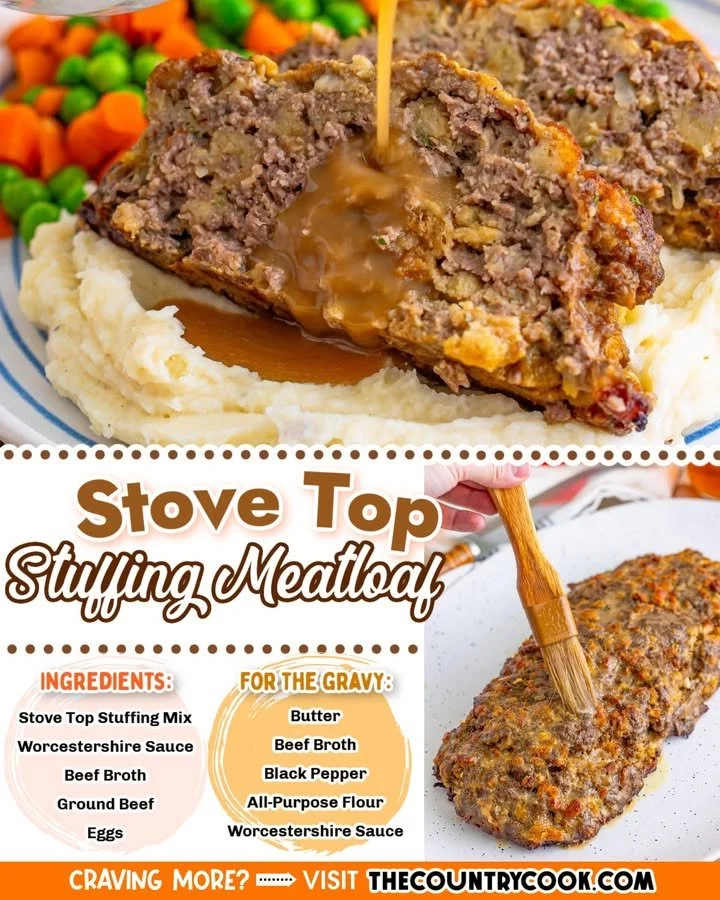 Stove Top Stuffing Meatloaf served with mashed potatoes and green beans.