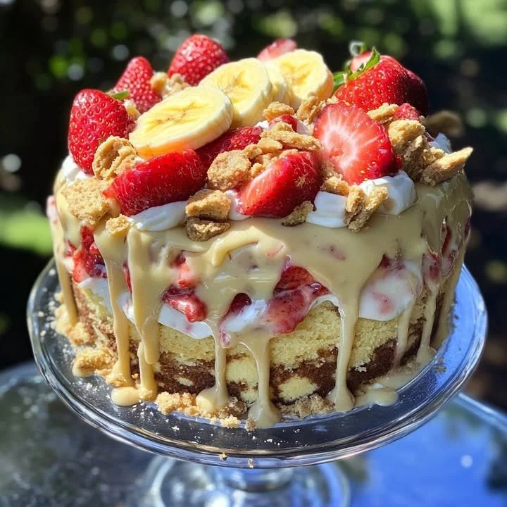 Strawberry Banana Pudding Cake with Banana Cream Icing Delicious Strawberry Banana Pudding Cake with Banana Cream Icing