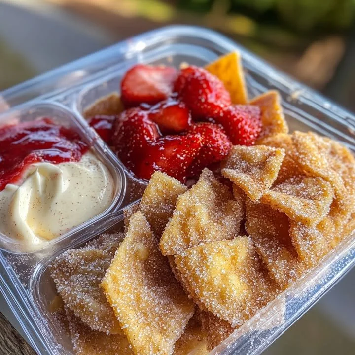 Delicious Strawberry Cheesecake Nachos topped with fresh strawberries and creamy filling