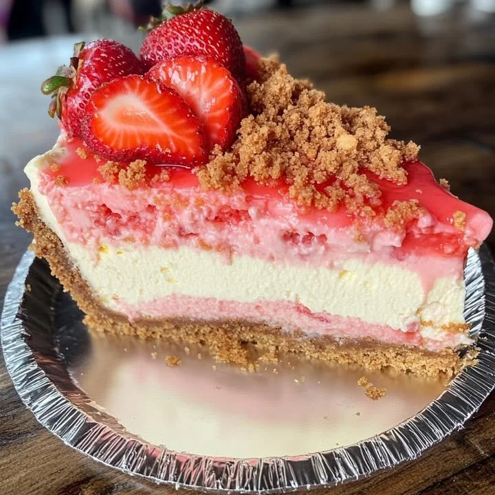 Strawberry Cheesecake with a Crunchy Strawberry Crumb Topping Delicious strawberry cheesecake with a crunchy strawberry crumb topping on a plate