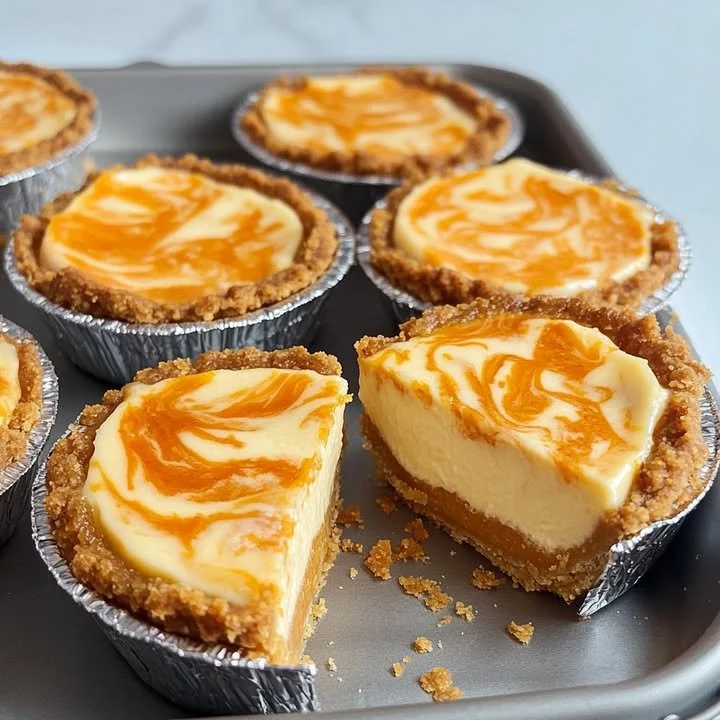 Sweet Potato Cheesecake Mini Pies Sweet potato cheesecake mini pies served on a plate, topped with whipped cream.