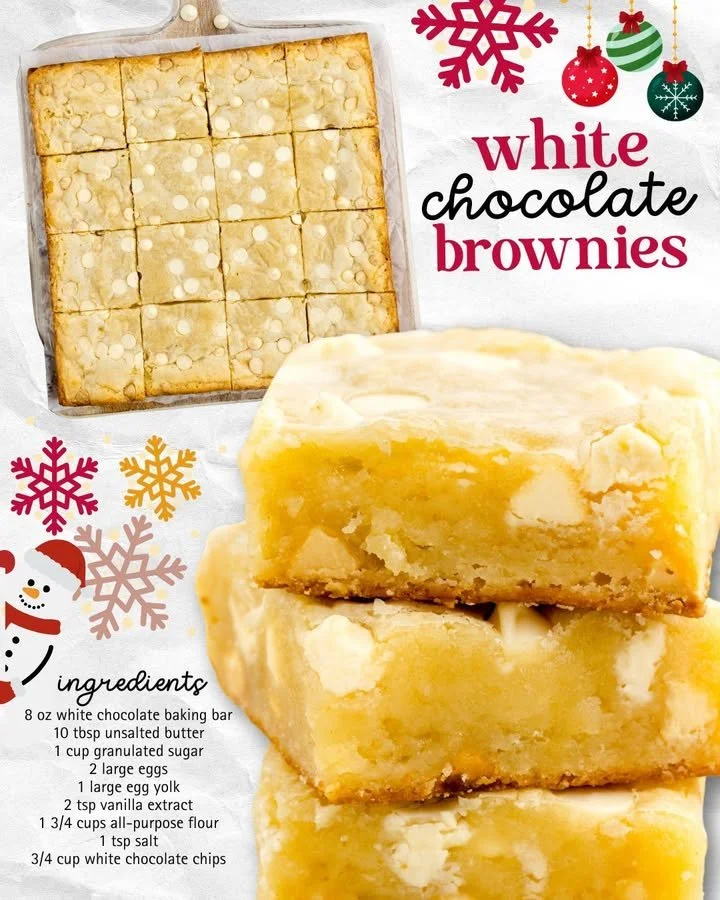 Delicious white chocolate brownies topped with white chocolate chips and nuts