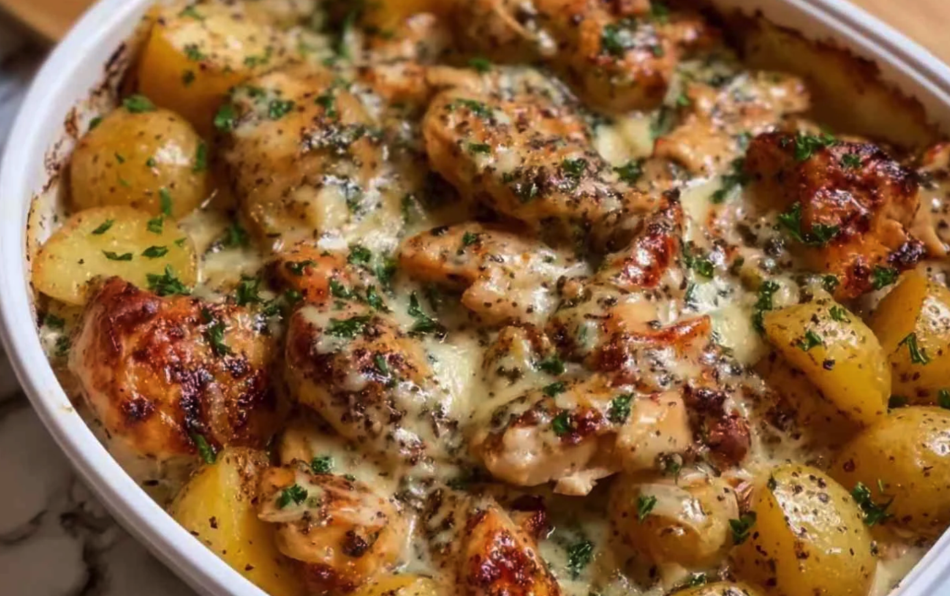 High Protein Creamy Garlic Cheesy Chicken and Potatoes