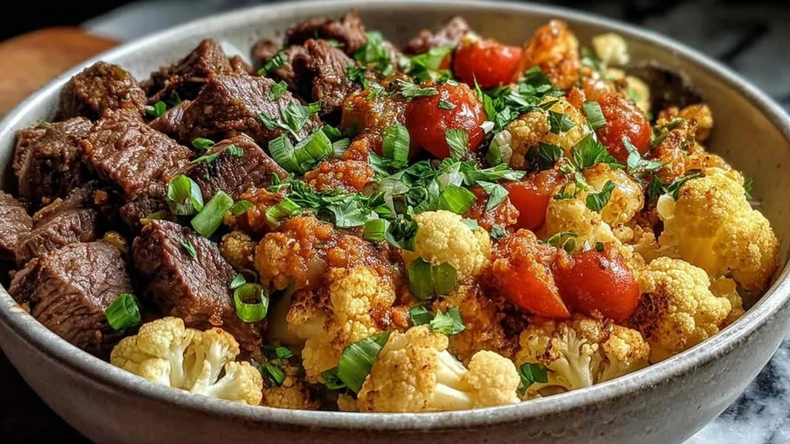 Roasted Cauliflower Beef Bowl