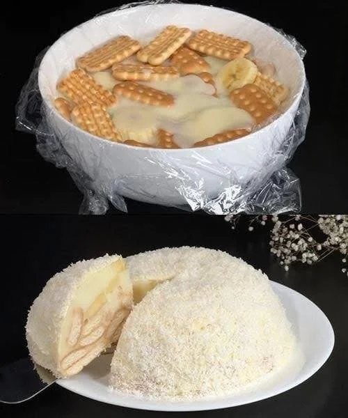 Biscuiți cu banane – desert fără coacere Biscuiți cu banane, desert fără coacere, servit pe o farfurie albastră