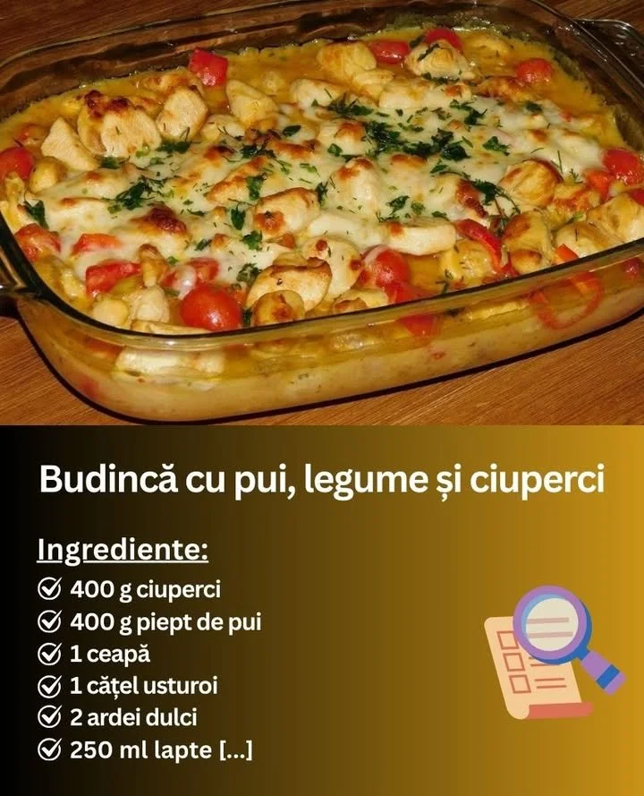 Budincă cu legume, ciuperci și piept de pui servită pe o farfurie
