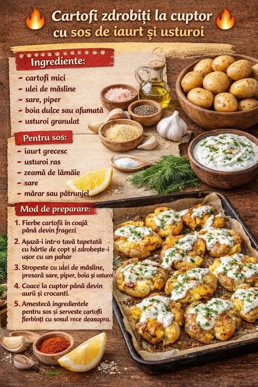 Cartofi zdrobiți la cuptor cu sos de iaurt și usturoi delicios