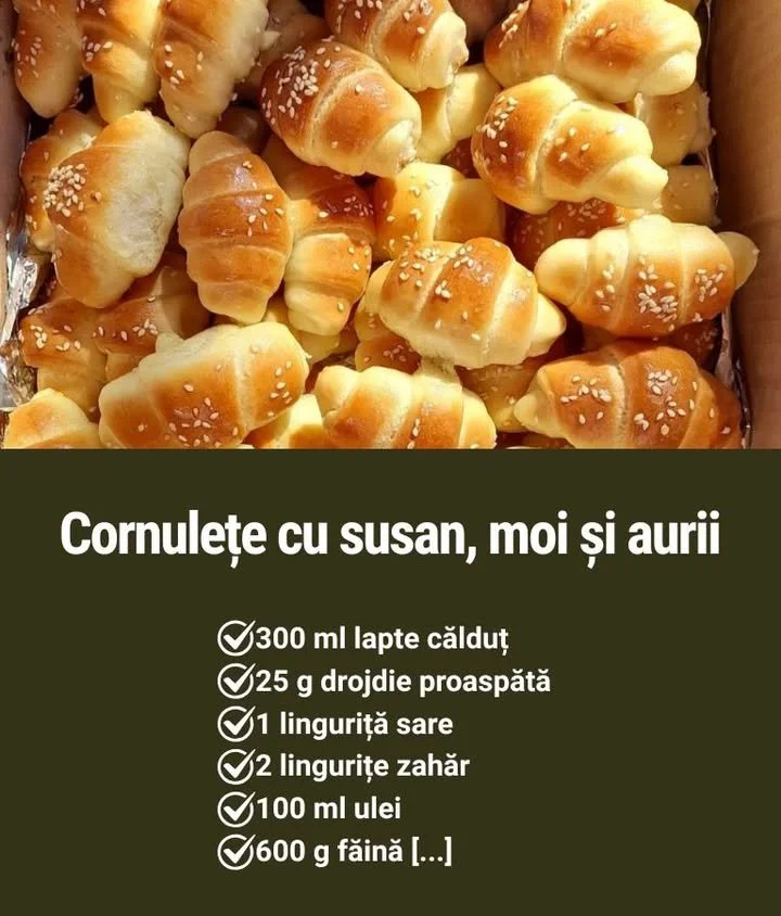 Cornulețe cu susan aurii și moi, delicioase și fragede, pentru o gustare perfectă.