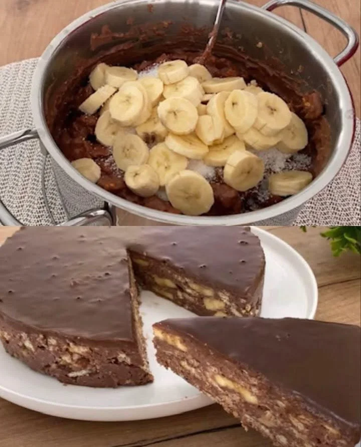 Prajitura cu biscuiți, cocos și banane delicioasă servită pe farfurie
