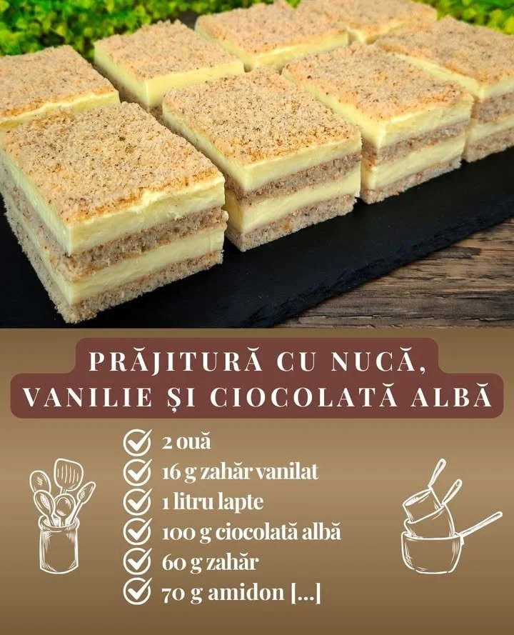 Prajitură cu ciocolată albă, vanilie și nucă Prajitură cu ciocolată albă, vanilie și nucă, servită pe un platou festiv.