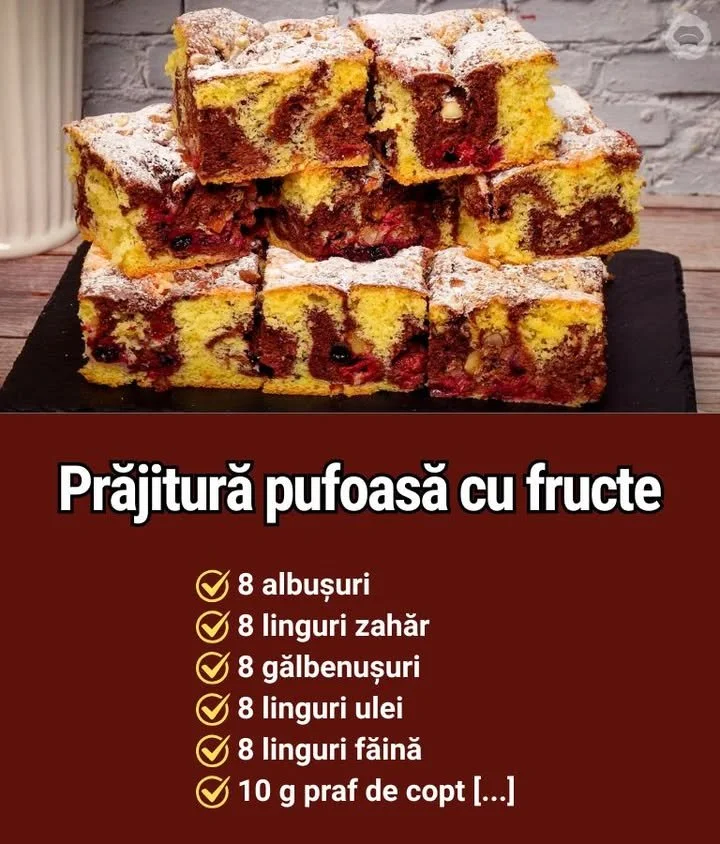 Prajitura cu fructe, pufoasă si aerată Prajitura cu fructe pufoasă și aerată, garnisită cu diverse fructe proaspete.