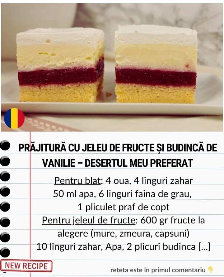 Prăjitură cu jeleu de fructe și budincă de vanilie Prăjitură cu jeleu de fructe și budincă de vanilie, un deliciu pentru alegerea ta.