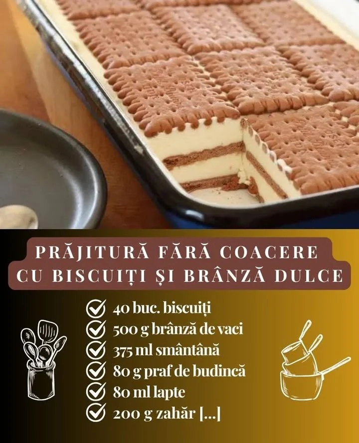 Prajitură de casă fără coacere, cu biscuiți și brânză dulce Prajitură fără coacere cu biscuiți și brânză dulce, gata de servit
